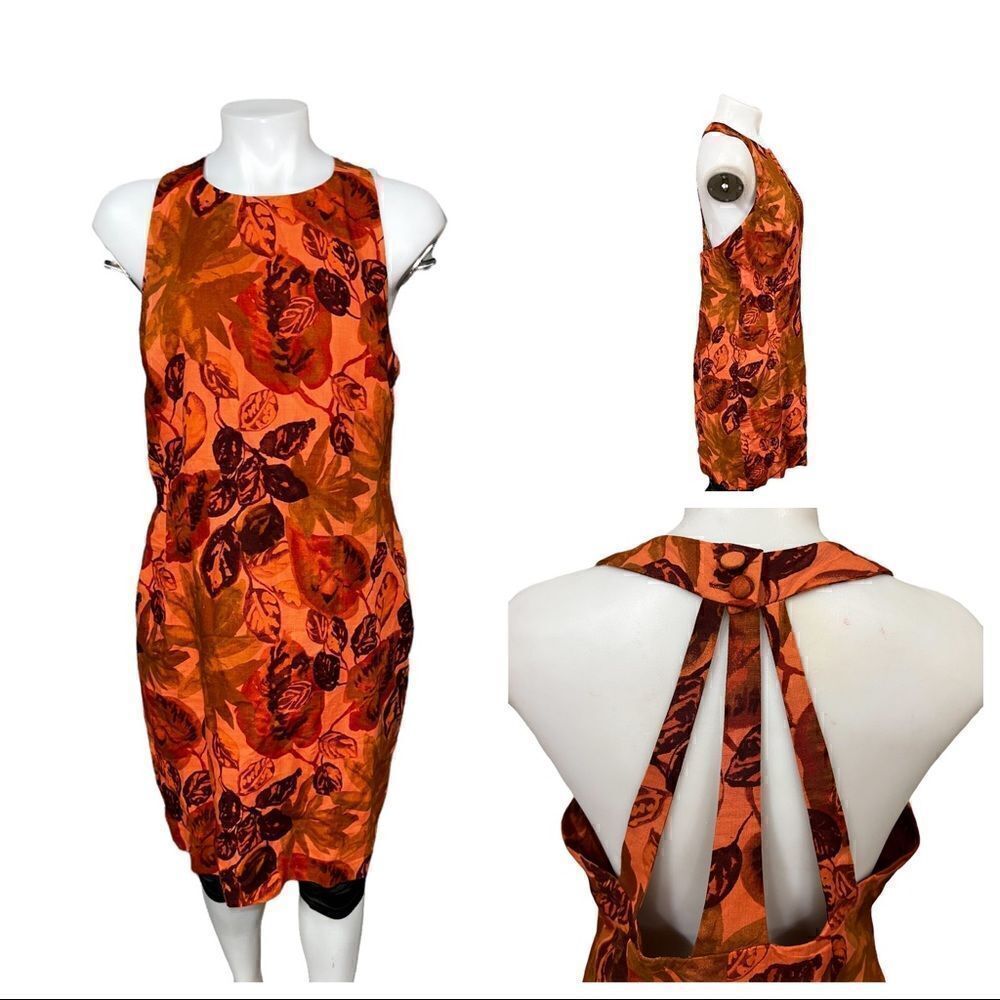 Carole Little dress career sheath linen strappy back orange floral design